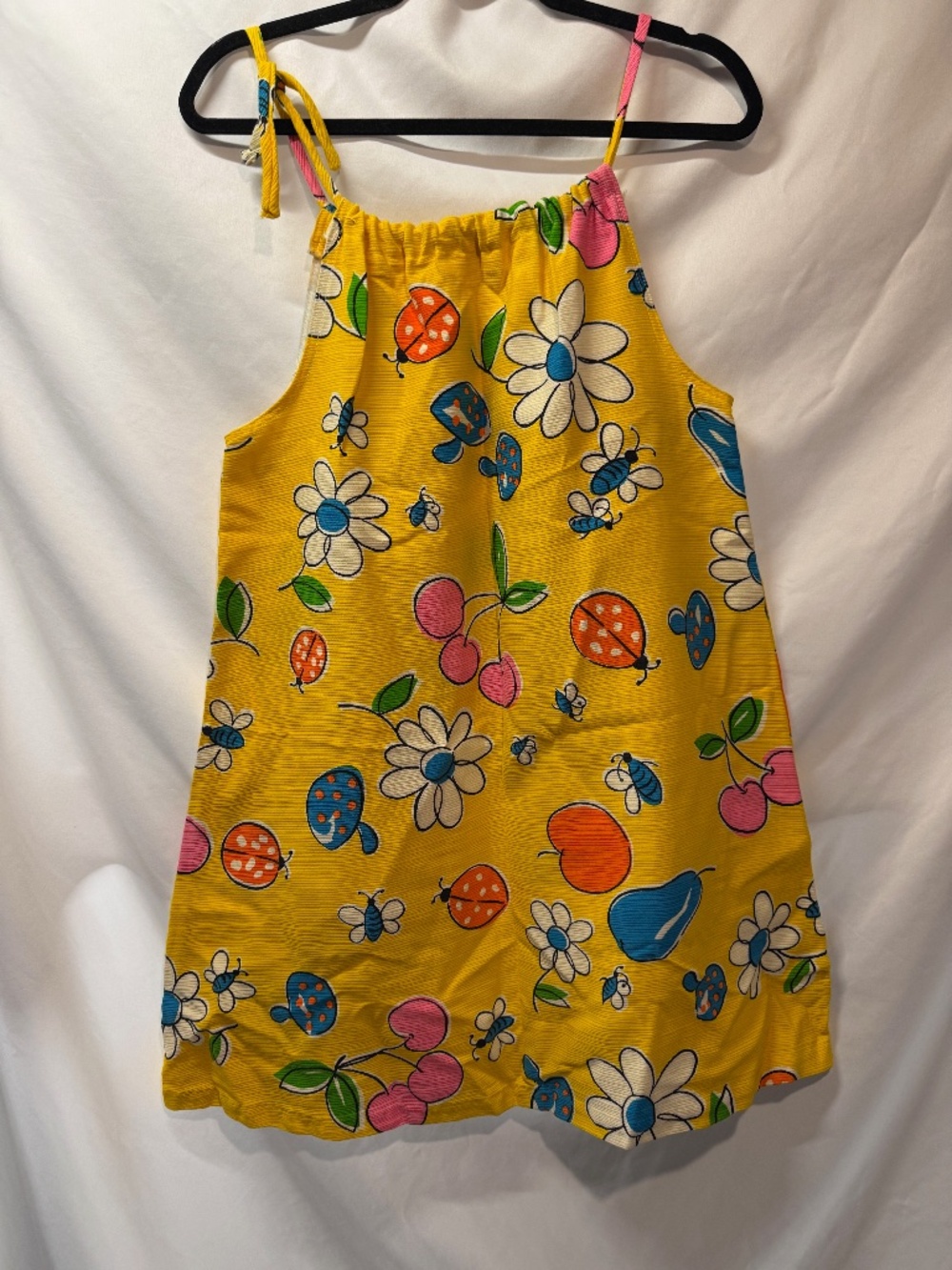 Handmade Yellow Novelty Print Tie Shoulder A-Line Smock Dress w/ Pockets - S/M